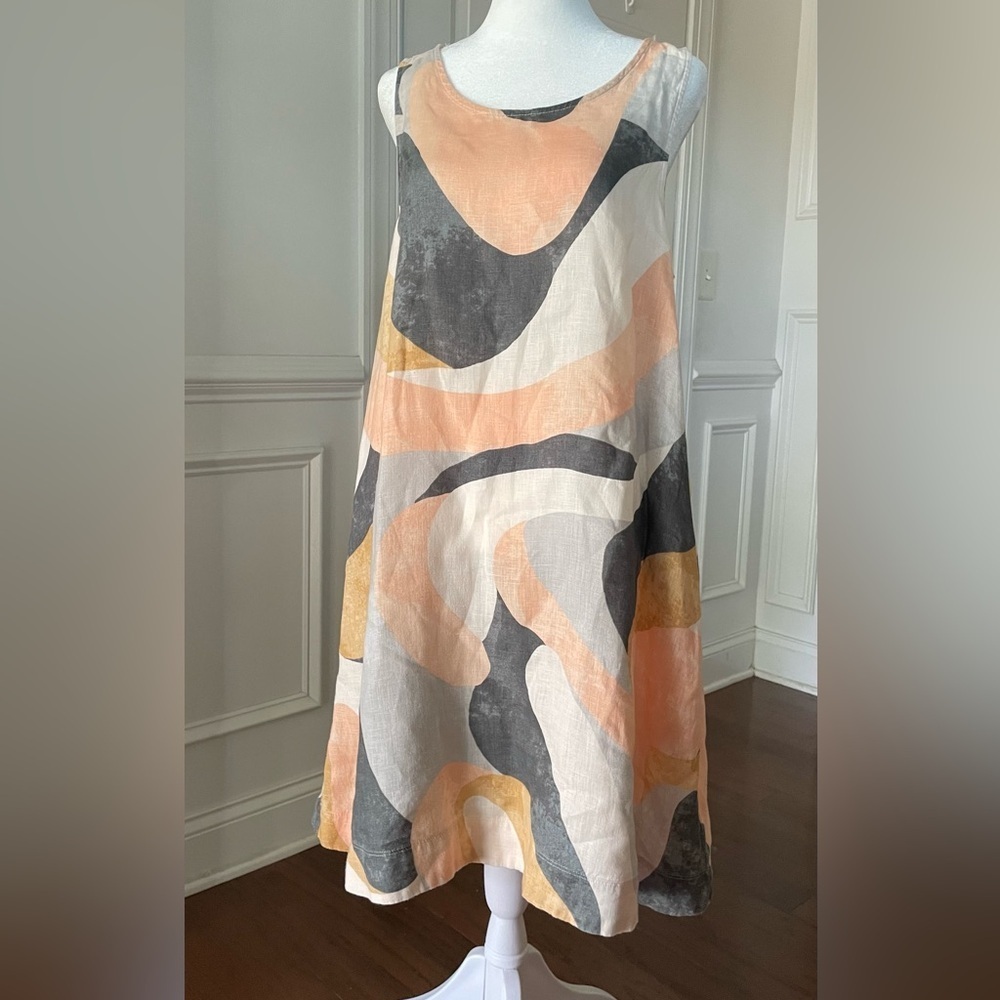 Rachel Zoe Women’s 100% Linen Summer Shift Dress Size Large Peach/Gray Abstract